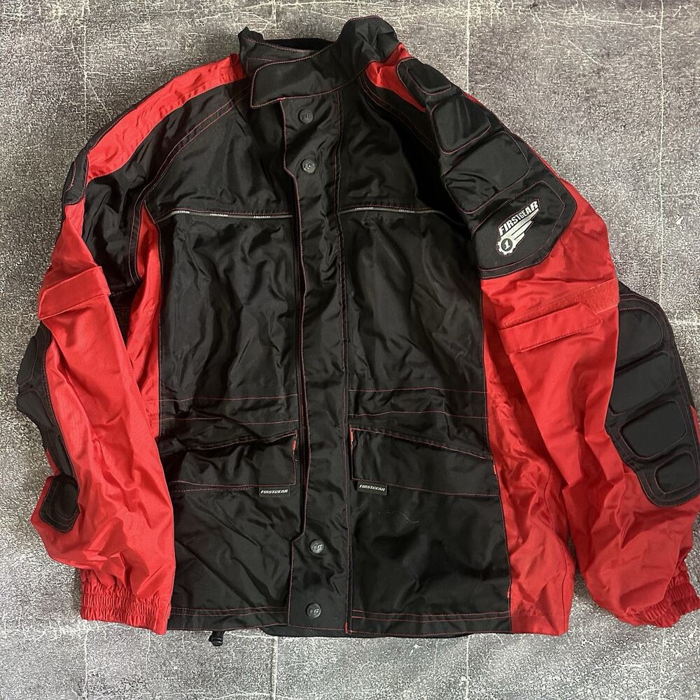 Mens First Gear Black Red Gray Nylon Padded Zip Up Motorcycle Riding Jacket Sz M